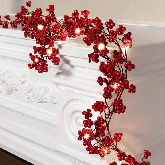 TETOU 5.9ft Christmas Garland Red Berry with Lights Artificial Christmas Garland for Indoor Mantle Fireplace Staircase Home Xmas Decoration