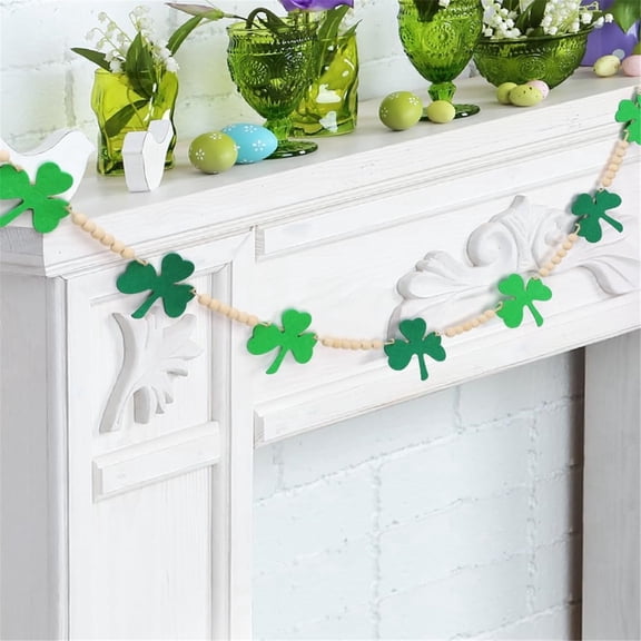 TETOU 4.5ft St. Patrick Day Garland Felt Shamrock Banner with Wooden Beads Fireplace Wall Shelf Home St Patricks Day Decorations