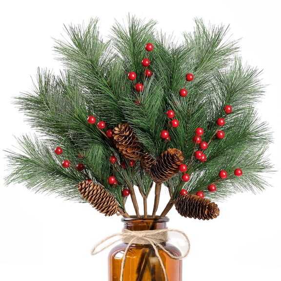 TETOU 5 Pack Christmas Berries Pine Picks 16" Artificial Norfolk Red Berry Pine Pinecones Branches DIY Garland Wreath Decor