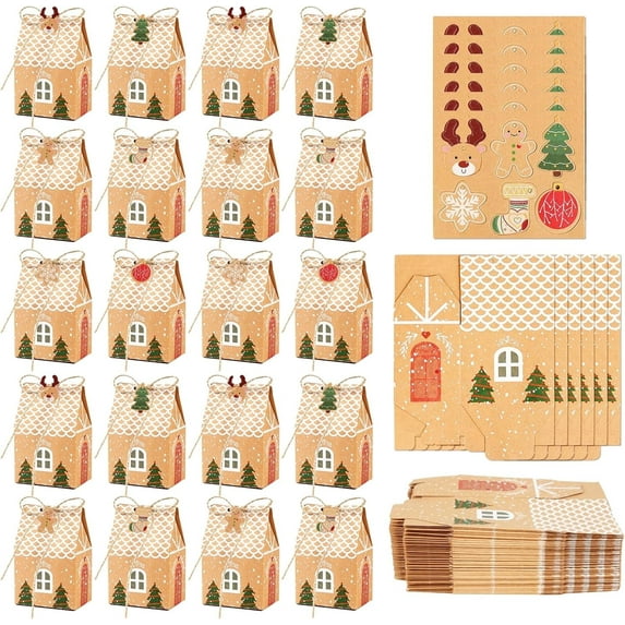 TETOU 50 Pcs Christmas Treat Boxes, Gingerbread Wrapping Paper, Christmas Candy Cookie Boxes with 24/60 Ornaments Tags, Small Kraft Paper Gift Wrap Bags for Xmas Party Favors Gifts Wrapping
