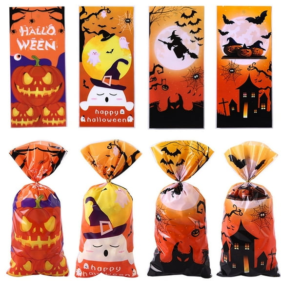 TETOU 50Pcs Halloween Cellophane Treat Bags, 4.92*10.93" Multi Color Candy Bags Bats Pumpkin and Witch Halloween Goody Bags with Twist Ties for Snacks Cookies Packing Halloween Party Favor