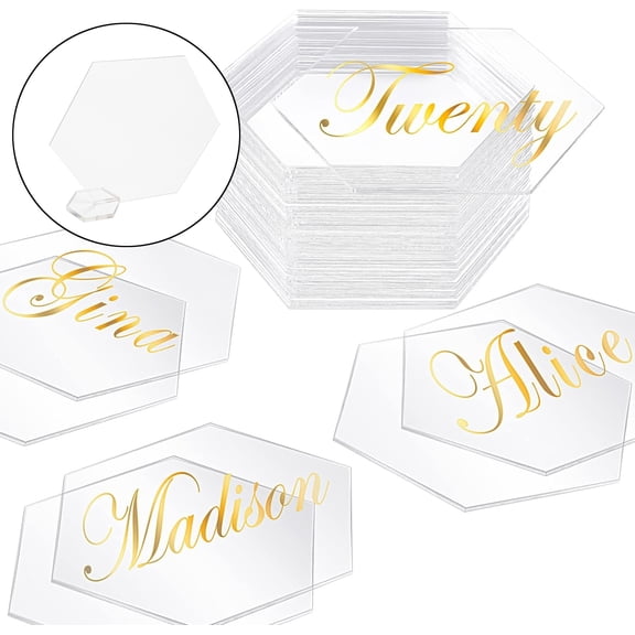 TETOU 50Pcs Hexagonal Acrylic Place Cards with Base Wedding Supplies, Clear Acrylic Table Seating Cards for Wedding Banquet Party