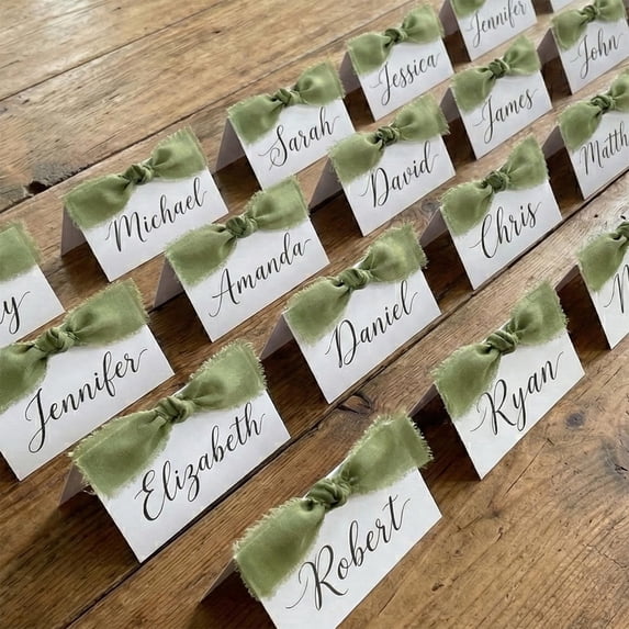 TETOU 50Pcs Premium Place Cards with Green Ribbon,2" x 3.5" Tent Card Name Card Wedding Place Cards for Wedding Valentines Day Table Dinner Parties Seating Supply