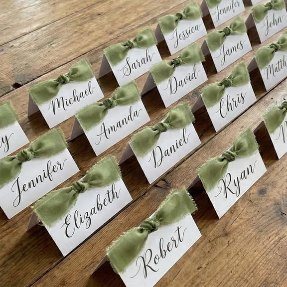 TETOU 50Pcs Premium Place Cards with Green Ribbon,2" x 3.5" Tent Card Name Card Wedding Place Cards for Wedding Valentines Day Table Dinner Parties Seating Supply