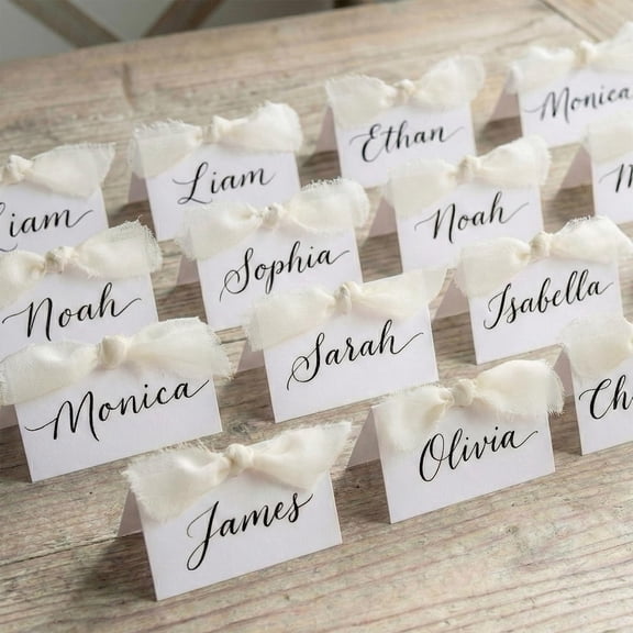 TETOU 50Pcs Premium Place Cards with White Ribbon,2" x 3.5" Tent Card Name Card Wedding Place Cards for Wedding Valentines Day Table Dinner Parties Seating Supply