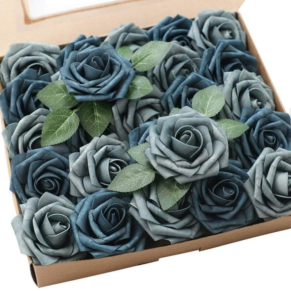 TETOU 50pcs Artificial Rose Flowers Dusty Blue Foam Fake Roses with Stems for DIY Wedding Centerpieces Floral Arrangements Home Decor