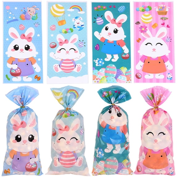 TETOU 50pcs Easter Candy Treat Bags Bunny Chick Rabbit Cellophane Cookie Gift Bags Easter Party Favor Supplies