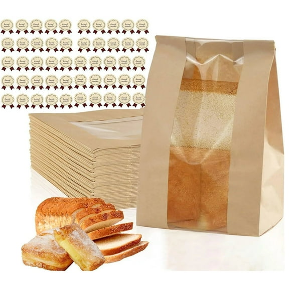 TETOU 50pcs Paper Bread Bags with Label Seal Stickers, Bread Bags with Window for Homemade Bread Baked Food Packaging Storage - 11.8*8.2*3.5 inch Brown