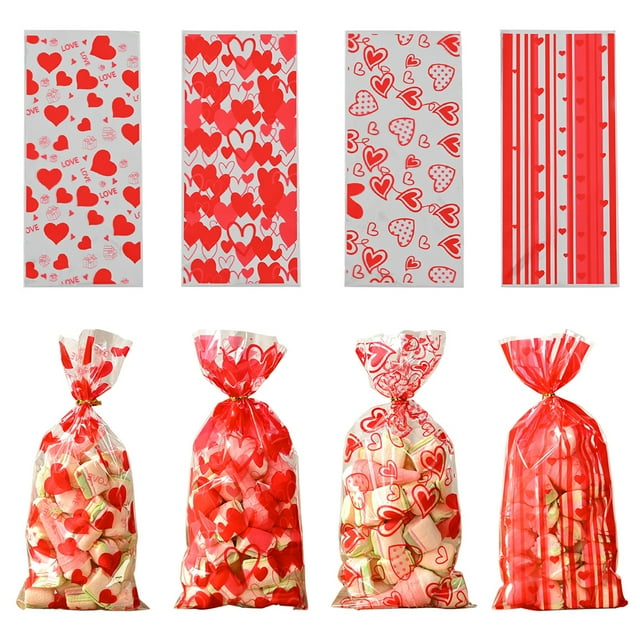 TETOU 50pcs Valentine's Day Candy Treat Bags Cellophane Gift Snack Bag