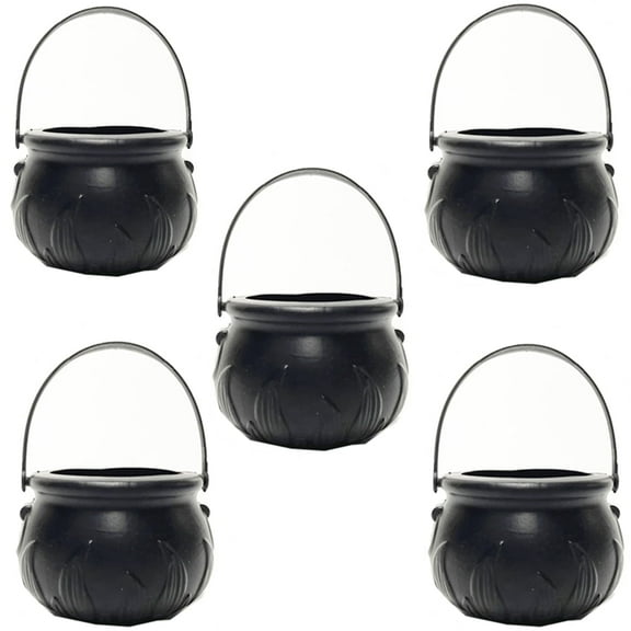 TETOU 5Pcs Mini Candy Cauldron Kettles, Plastic Hallowe'en Candy Bucket Witch's Cauldron Trick or Treat for St. Patrick's Day Hallowe'en Decoration and Kid Birthday Party Favors - Flame, Black