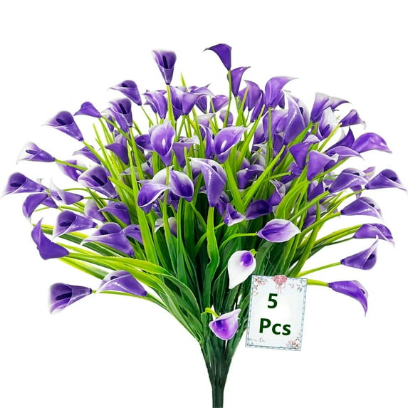 TETOU 5pcs Artificial Calla Lily Artificial Flowers UV Resistant Fake Plants for Farmhouse Home Garden Office Patio Wedding Indoor Outdoor Decoration - Purple