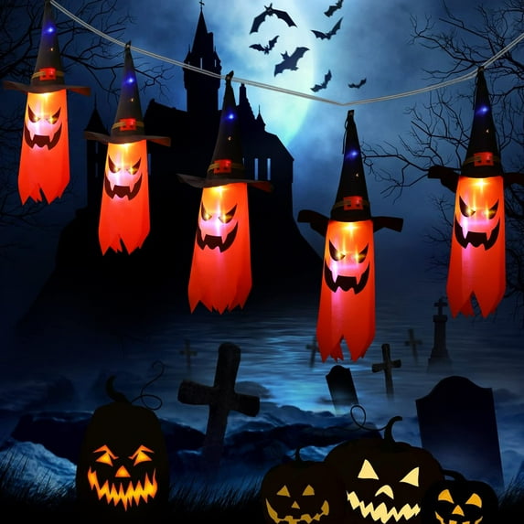 TETOU 5pcs Halloween Hanging Lighted Ghost Wizard Hat Glowing Ghost for Indoor Outdoor Home Halloween Decoration