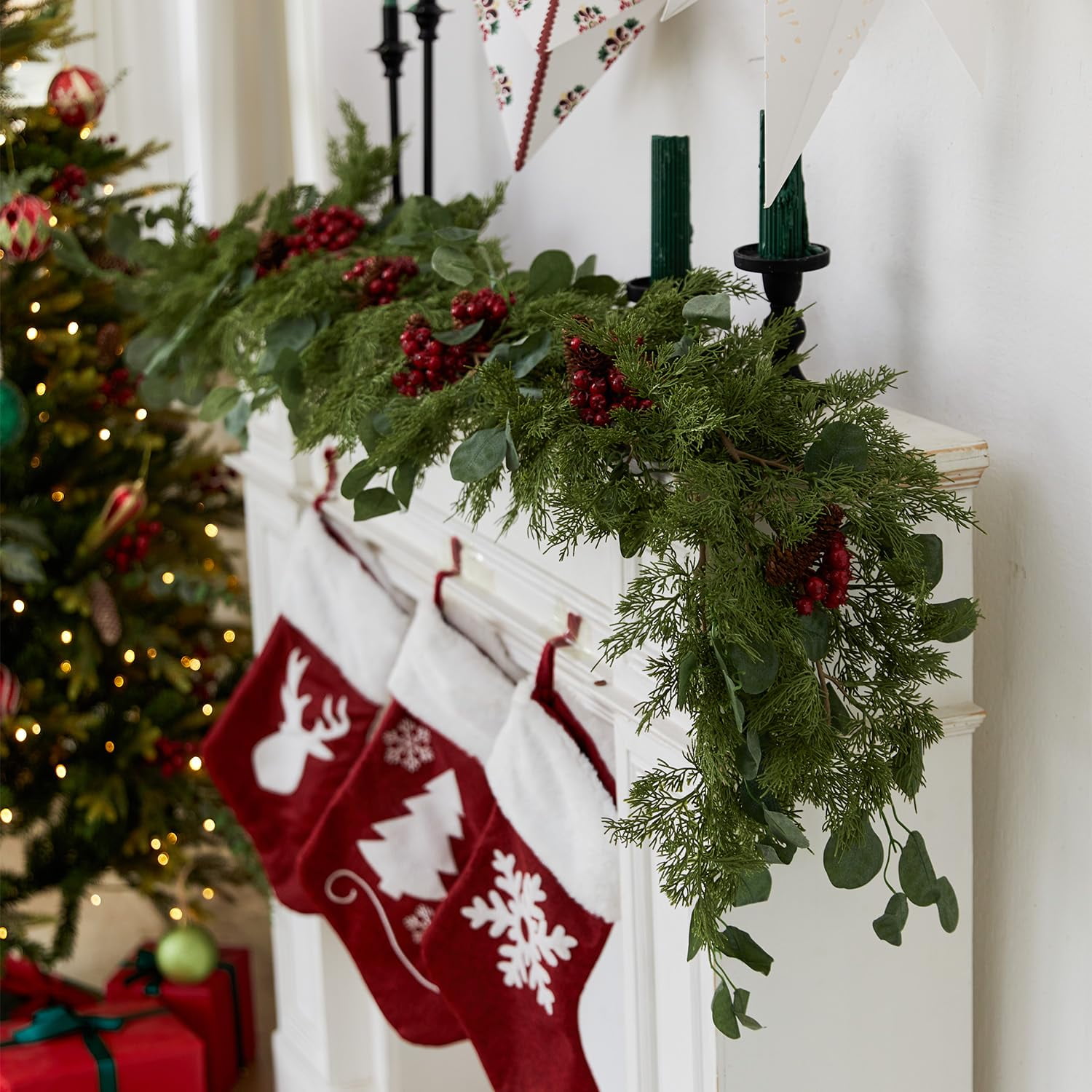 TETOU 6.3ft Christmas Garland Artificial Pine Cypress Eucalyptus Berries Greenery Garland Holiday Decor