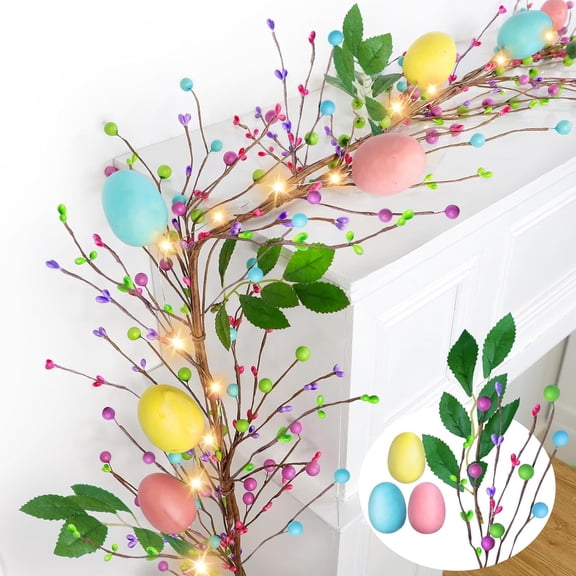 TETOU 6 Ft 20 LED Easter Egg and Mixed Berry Garland,Hanging Rustic Pastel Spring Easter Decor,Artificial Easter Garland with Light for Indoor Outdoor Home Fireplace Party Door Decoration