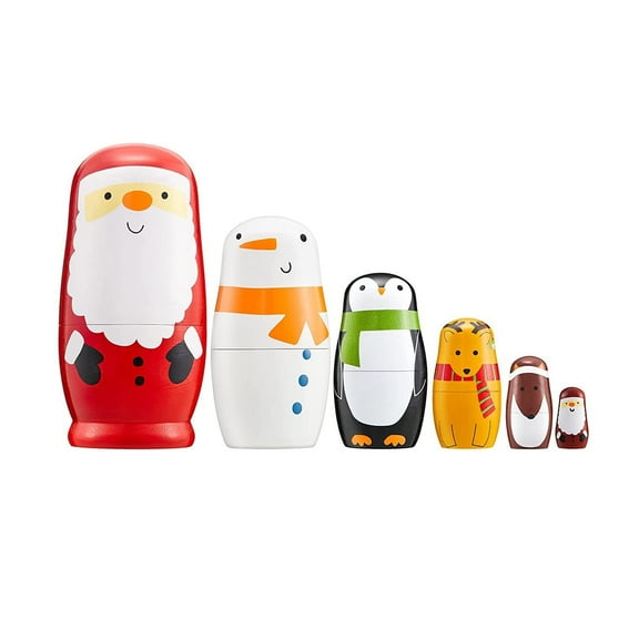 TETOU 6 Layer Christmas Nesting Dolls Wooden Santa Claus Matryoshka Doll Toy for Holiday Party Gifts