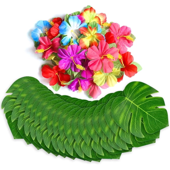 TETOU 60Pcs Tropical Party Decorations Supplies Tropical Palm Leaves Hibiscus Flowers Simulation Artificial Leaf for Hawaiian Luau Safari Party Jungle Beach Theme BBQ Birthday Table Decor