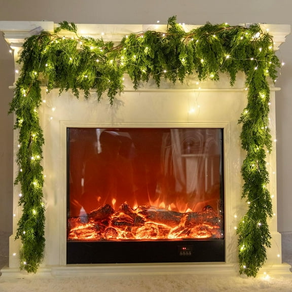 TETOU 6FT Artificial Christmas Garland with LED String Lights,Long Pine and Cypress Garland for Christmas Holiday Mantel Fireplace Winter Indoor Outdoor Decoration