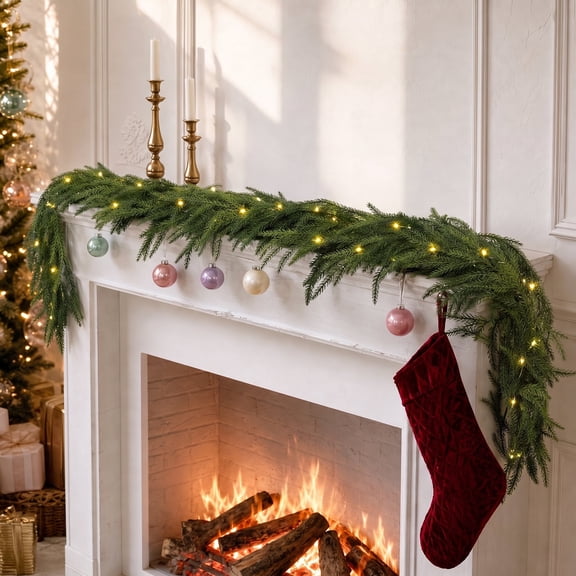 TETOU 6ft Norfolk Pine Garland Christmas Garlands with Warm White LED Lights Faux Greenery Pine Garland for Holiday Decor