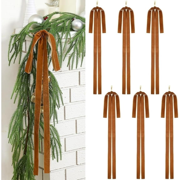 TETOU 6pcs Christmas Garland Swag Bow,23.5x15.5 Inch Rustic Vintage Large Xmas Staircase Wreath Bows for Christmas Tree Staircase Indoor Outdoor Decorations(Light Brown)