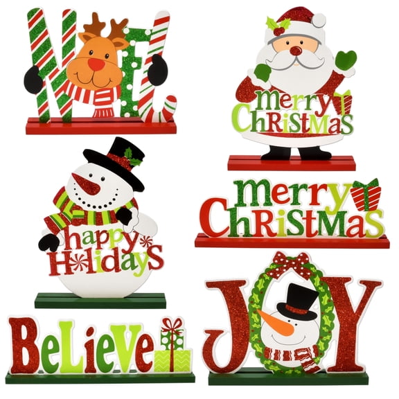 TETOU 6pcs Christmas Table Decoration Wooden Snowman Santa Reindeer for Merry Christmas Holiday Centerpiece