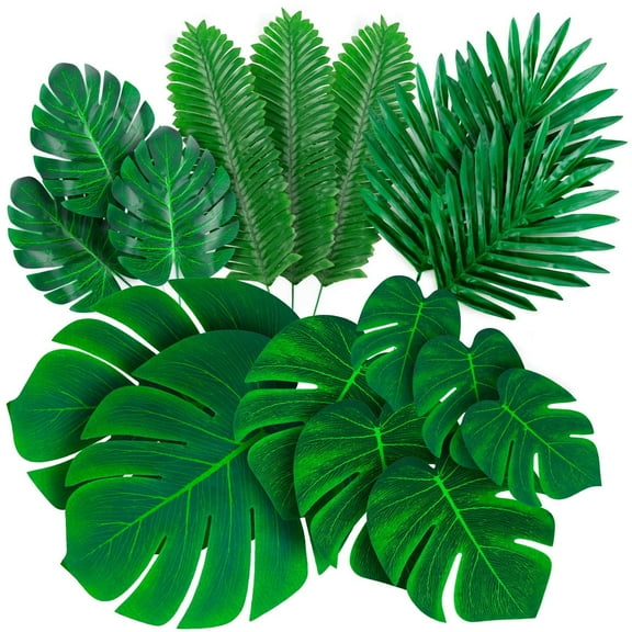TETOU 84Pcs Palm Leaves Artificial Tropical Monstera, 6 Kinds Large Small Green Fake Palm Leaf with Stems for Home Kitchen Party Flowers Arrangement Wedding Hawaiian Party Table Decoration
