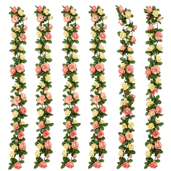 TETOU 6pcs Flower Garlands Artificial Rose Vine Flowers with Leaves 66ft Hanging Roses Vine for Room Wedding Birthday Christmas Wall Decor(Yellow)