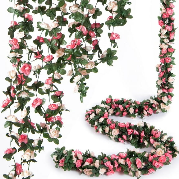 TETOU 6pcs Flower Garlands Artificial Rose Vine Flowers with Leaves 66ft Hanging Roses Vine for Room Wedding Birthday Christmas Wall Decor(Pink)