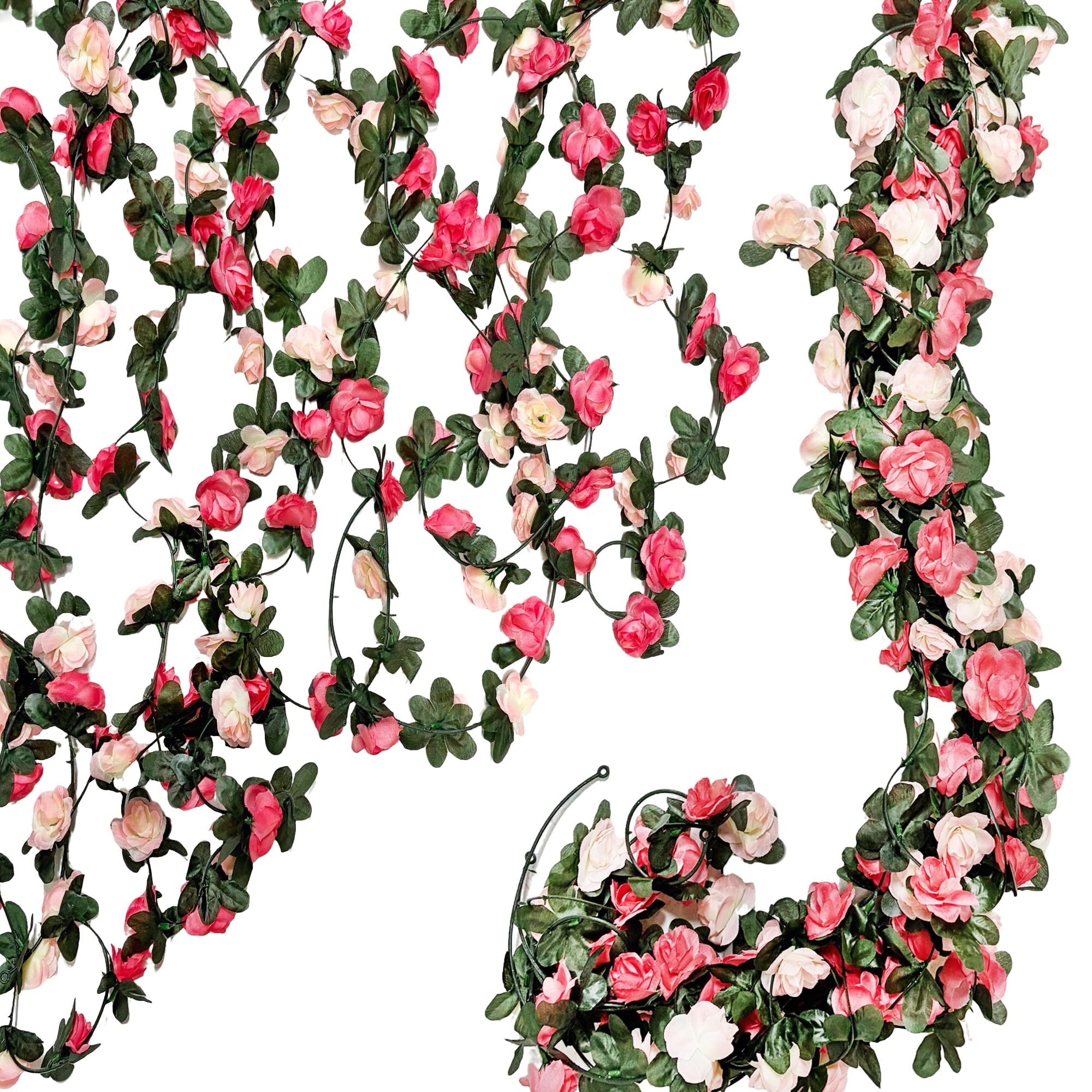 TETOU 6pcs Flower Garlands Artificial Rose Vine Flowers with Leaves 66ft Hanging Roses Vine for Room Wedding Birthday Christmas Wall Decor(Pink)