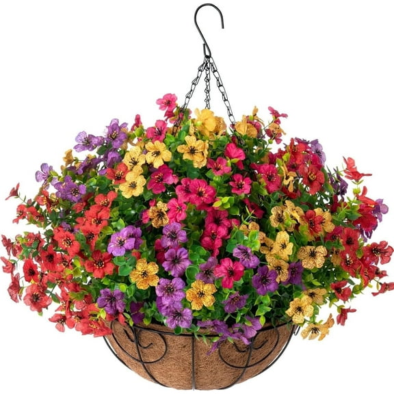 TETOU Artificial Faux Hanging Plants Flowers Basket for Spring Summer Fall Outdoor Decoration, Fake Silk Look Real Colorful Daisy Eucalyptus Flower for Outside Porch Home Patio Balcony Yard