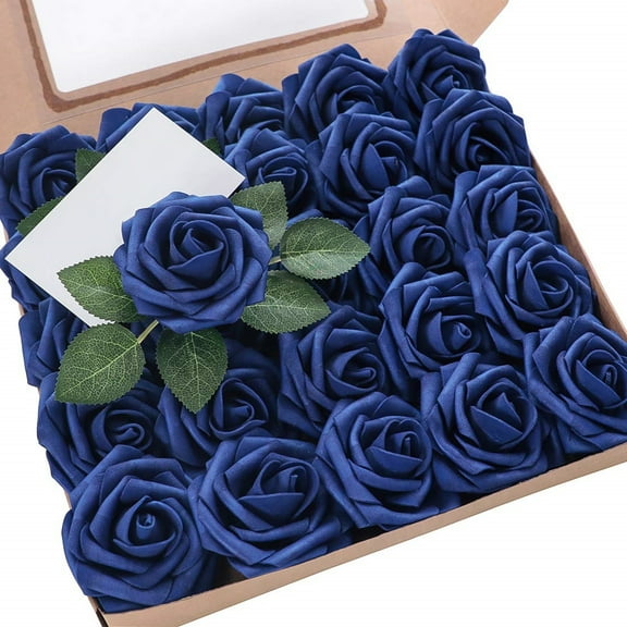TETOU Artificial Flowers 25pcs Real Looking Royal Blue Foam Fake Roses with Stems for DIY Table Centerpieces Party Home Decorations