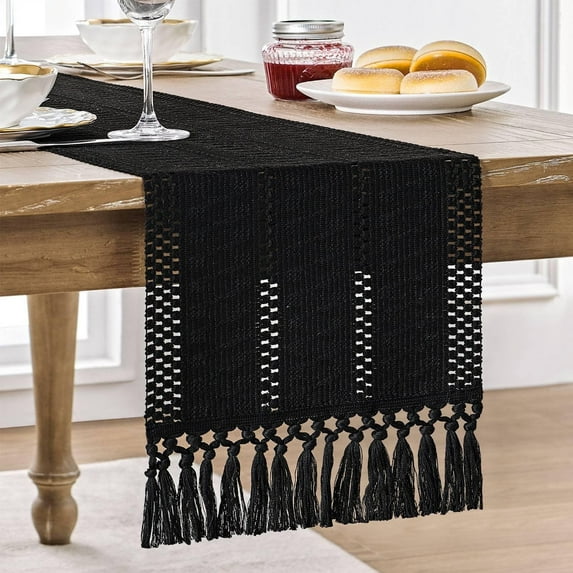 TETOU Boho Table Runner 12x72 Inch with Tassels Farmhouse Bohemian Table Runner Dining Rustic Home Decor - Black