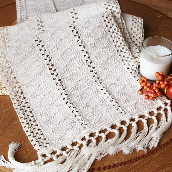 TETOU Boho Table Runner with Macrame Tassels 72 Inches Long Farmhouse Bohemian Table Runner Beige White Dining Rustic Home Decor