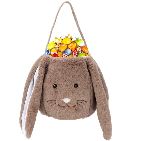 TETOU Brown Plush Easter Bunny Basket , 9.44"×7.87" Easter Buckets with Long Plush Ear Egg Hunting Bags Bunny Kids Basket for Easter Party Storage Gifts Supply