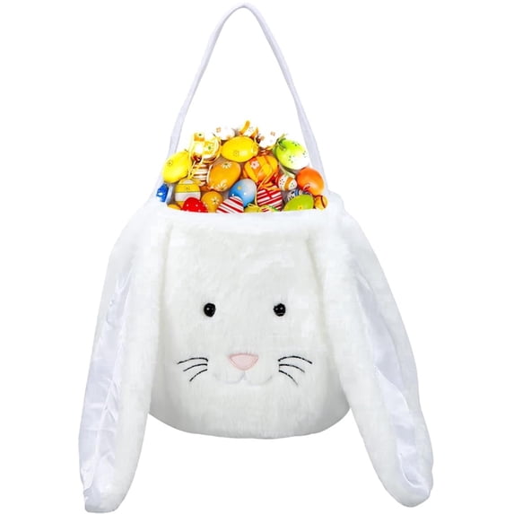 TETOU White Plush Easter Bunny Basket , 9.44"×7.87" Easter Buckets with Long Plush Ear Egg Hunting Bags Bunny Kids Buckets for Easter Party Storage Gifts Supply