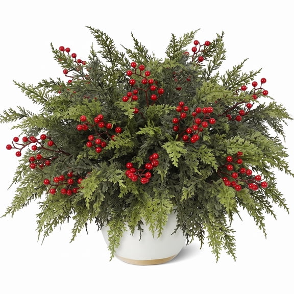 TETOU Christmas Artificial Cedar Branches,Red Berry Sprigs Realistic Faux Pine Branches Greenery Stems for Vase DIY Craft Garland Home Indoor Christmas Decoration