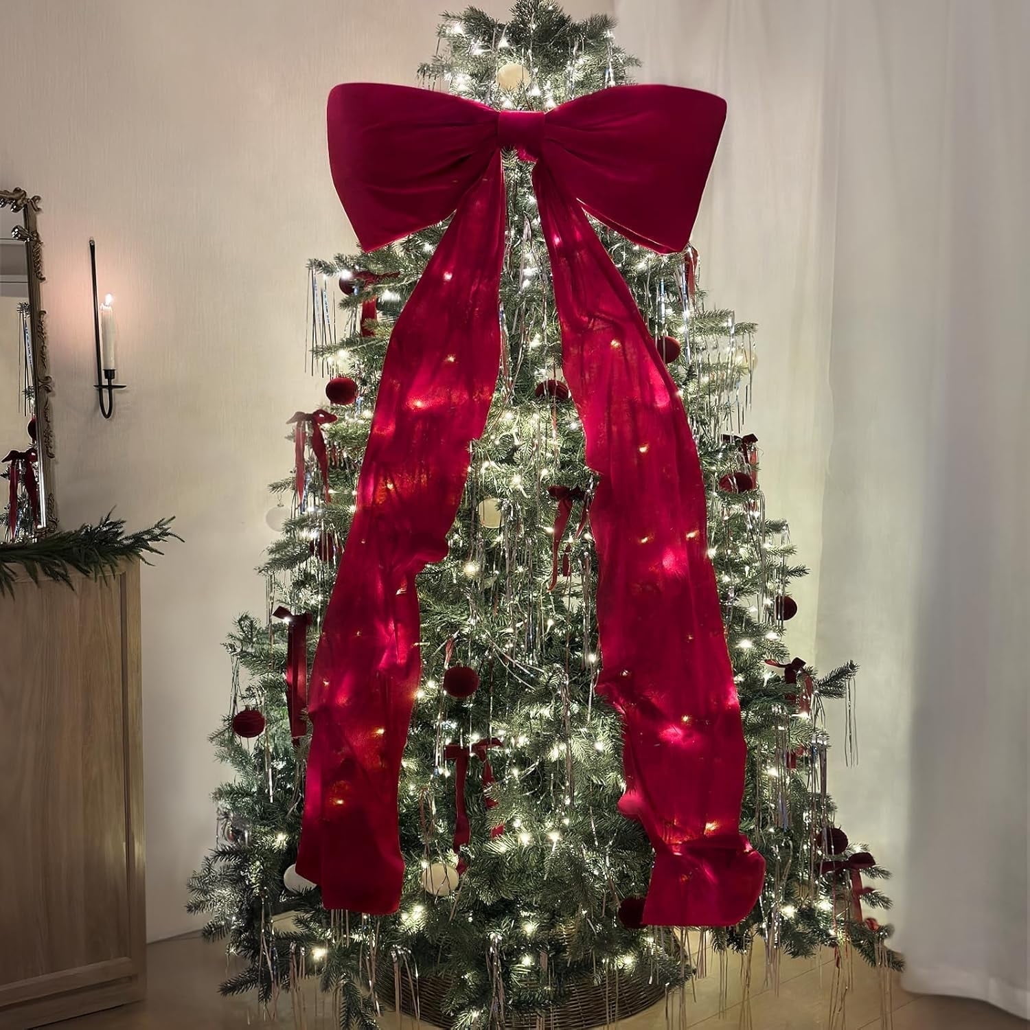 TETOU Christmas Decorations,6 x 2.3Ft Giant Big Red Velvet Bow for Christmas Tree Topper Wall Mantle Indoor Party Valentines Xmas Decoration