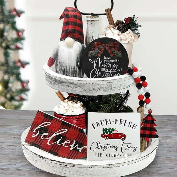 TETOU Christmas Decorations Indoor,Believe Merry Christmas Wooden Signs & Buffalo Plaid Gnomes Plush Set of 5,Farmhouse Rustic Tiered Tray Decor for Indoor Home Room Table Mantle Fireplace