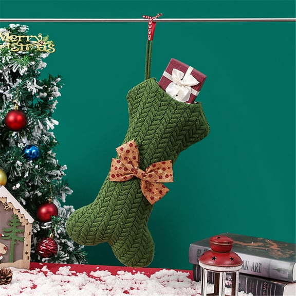 TETOU Christmas Stocking Dog Bone Knitted Stocking Dog Cats Pets Fireplace Hanging Holiday Christmas Decor - Green