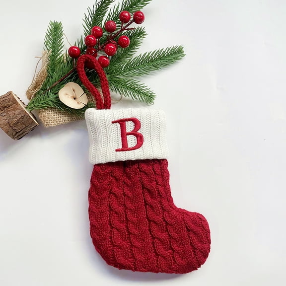 TETOU Christmas Stocking with Letter Mini Cute Red Knitted Christmas Stocks Gift Bags Pendant Christmas Tree Decor
