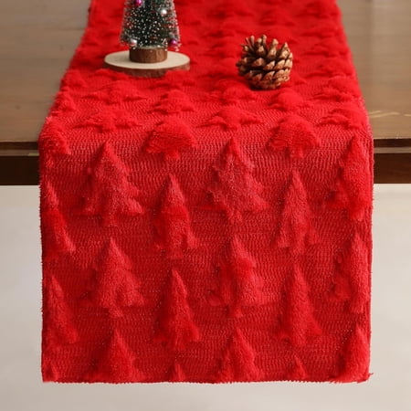 TETOU Christmas Tree Jacquard Table Runner 13x72 Inch Soft Plush Faux Fur Table Decoration for Christmas Home Party - Red