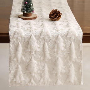 TETOU Christmas Tree Jacquard Table Runner 13x72 Inch Soft Plush Faux Fur Table Decoration for Christmas Home Party - White