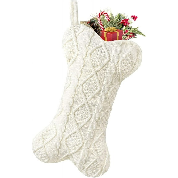 TETOU Dog Christmas Stocking, Bone Shape Knit Stocking, Xmas Dog Stocking, Hanging Christmas Decoration for Dogs Cats Pets Xmas Holiday Indoor Party-White