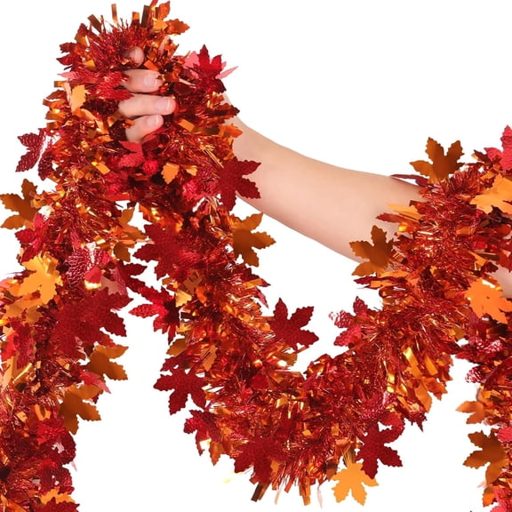 TETOU Fall Maple Leaves Garland Decor,50Ft Orange Glitter Tinsel Fall Garland for Autumn Tree Home Fireplace Thanksgiving Party Indoor Outdoor Decoration