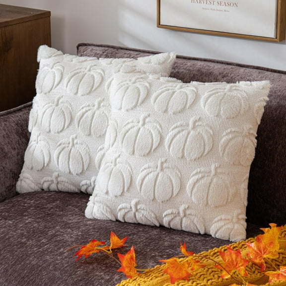 TETOU Fall Pillow Covers,18"x18"Set of 2 Fall White Pumpkin Pillow Cases,Soft Faux Fur Wool Couch Cushion for Sofa Bedroom Living Room Home Farmhouse Fall Halloween Thanksgiving Decor