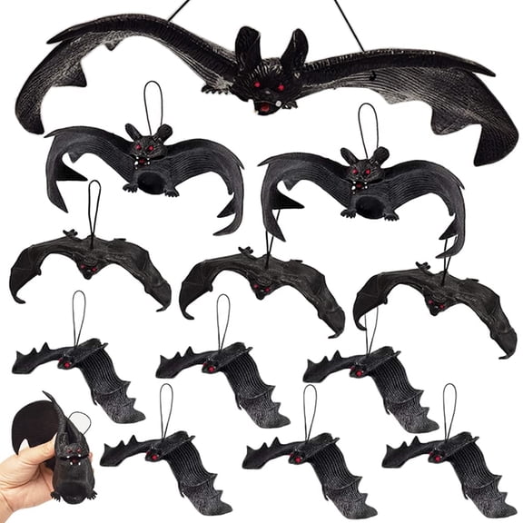 TETOU 12Pcs Hallowe'en Bats, Rubber Hanging Vampire Bats for Hallowe'en Party April Fool's Day Haunted House Decoration - 6 S+3 S'+2 M+1 XL