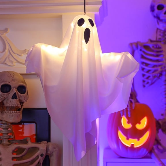 TETOU Halloween LED Hanging Ghosts, 19.68" Cute Glowing Flying Ghost for Halloween Party Front Yard Patio Lawn Garden Holiday Decor - White