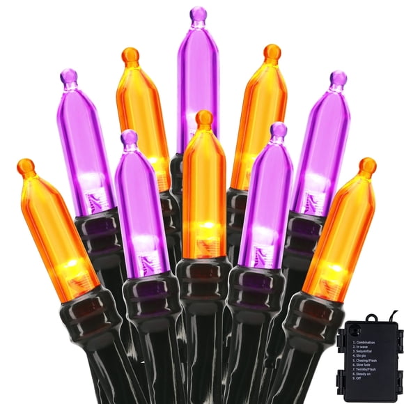 TETOU Halloween Lights, 33ft 100 LED Battery Halloween Lights, 8 Modes String Lights with Timer, Indoor Outdoor Waterproof mini Lights String for Halloween Bedroom Patio Decor - Orange & Purple