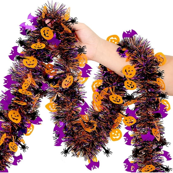 TETOU Halloween Garland Decor,50Ft Orange Black Purple Glitter Tinsel Fall Garland for Tree Home Fireplace Halloween Party Indoor Outdoor Decoration