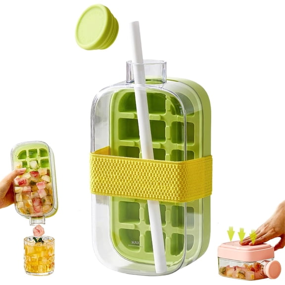 TETOU Ice Cube Bottle ,2 in 1 Touch-Free with Lid and Bin Ice Cube Tray Water Bottle,Easy Press to Release Ices Cube Making Bottle for Coffee, Juice and Beverages(Green/800ml)
