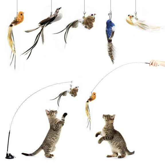 TETOU Interactive Bird Cat Toys Set, Cat Feather Toy with Self-Holding Suction Base, Flying Bird Cat Toys for Indoor Cats Kitten Play Chase Exercise -5 Replacement Birds
